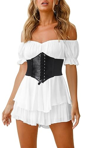 IMEKIS Women Off Shoulder Romper Dress Pirate Halloween Costume Boho Short Jumpsuit Ruffle Mini Dresses Elegant Casual Playsuit Shorts with Waist Belt White S
