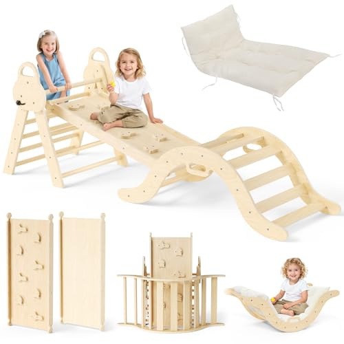 STYPLZ Montessori 7 en 1 Juego de armazón de escalada: triángulo de escalada para interiores, arco de escalada con cojín y tobogán, juguete de escalada de madera, estructura de escalada para 1-5 años