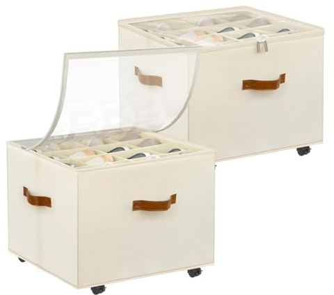 lomonmen 2 pezzi Scatole per Scarpe,Organizer Scarpe per Armadio con Ruote,Portascarpe con Coperchio Trasparente Pieghevole,Portascarpe Salvaspazio con Manici per 8-16 Paia