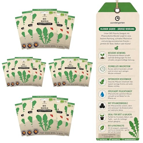 10x Bio Rucola Saatgut – Wundergarten – Mit Pflanzenkohle-Mantel – Schnelle Ernte in 3–4 Wochen – Würziger Rauke Salat für Garten, Hochbeet & Balkon
