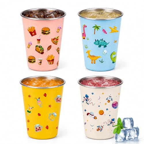 SGZIOO 4 stycken barnkoppar i rostfritt stål, 350 ml rostfritt stål bägare barn, robust rostfri mugg barn, 1 drickbägare i rostfritt stål, för picknick familjer (blå rosa gul vit)