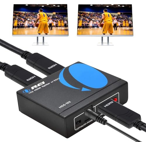 4K 1 in 2 Out HDMI Splitter by OREI - Ultra HD 4K @ 30 Hz 1x2 V. 1.4 HDCP, Power HDMI Supports 3D Full HD 1080P for Xbox, PS4 PS3 Fire Stick Blu Ray Apple TV HDTV - Adapter Included