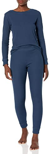 Amazon Essentials Women's Cotton Thermal Long Underwear Pajama Sets, Navy, Medium