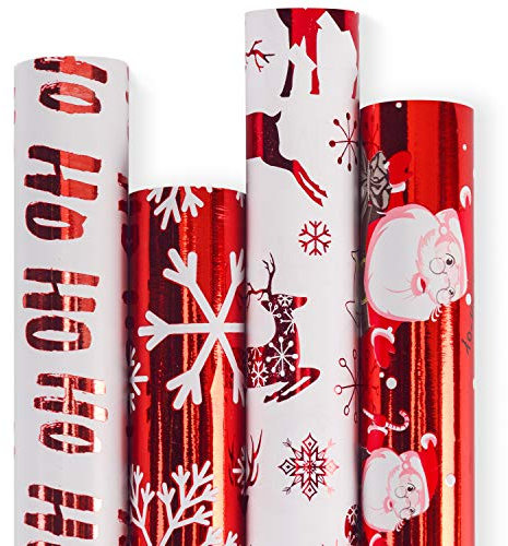 RUSPEPA Weihnachtspapierrolle - Rot-Weißes Papier Mit Metallicfolienglanz - Christmas Elements Collection - 4 Rollen - 76cm X 305cm Pro Rolle