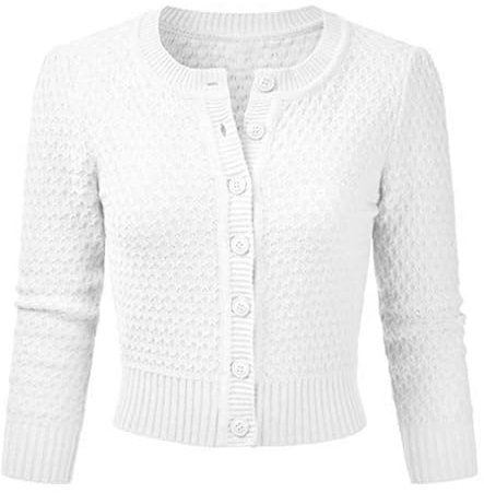 Vertvie Damen Bolero Kurze Strickjacke 3/4 Ärmel Cardigan Elegante Jacke Rundhalsausschnitt Stricken Strickweste mit Knopf(M, Elfenbeinweiß)