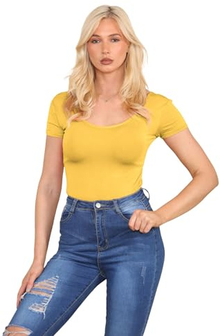 Hamishkane Bodysuits, rund hals trikå, kortärmad kroppsdräkt, stretch kroppsdräkt för kvinnor Storbritannien, doppad kroppsdräkt, t-shirt topp body passar kvinnor, Senap, 8-10
