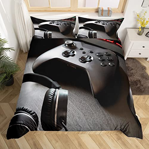 Loussiesd Gamepad Bedding Set Boys Game Controller Comforter Cover for Kids Girls Teens Gamer Headset Duvet Cover Youth Gaming Console Video Game Bedspread Cover With 2 Pillow Case King Size Black