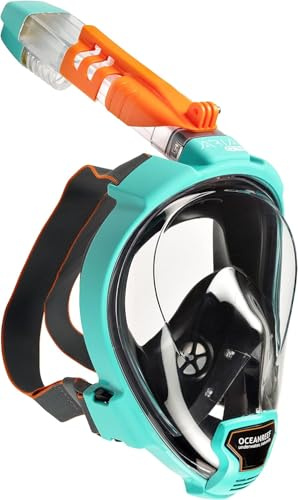 OCEAN REEF - Aria QR+ Quick Release Full Face Snorkel Mask with Snorkel - 180 Degree Underwater View and Quick Release System (S/M, Teal).
