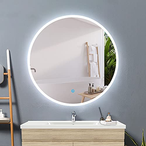 Round Bathroom Mirrors with LED Lights,600mm Anti fog Touch Sensor,6000K Cool White led Light,Wall Mounted,IP44 Dustproof Waterproof-1.5cm