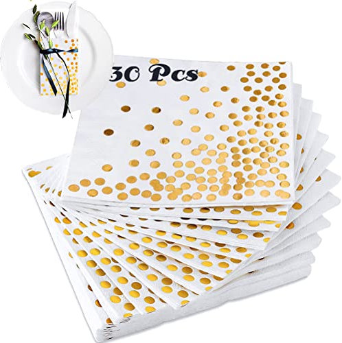Servietten Geburtstag Gold, 30 Stück Golden Foiled Papierservietten Runde Punkte Cocktail Servietten, Geburtstagsservietten Serviette Papier 3-lagig für Hochzeit Gastronomie Tischdeko - 33 x 33 cm