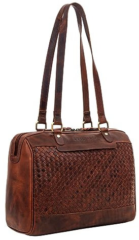 STILORD 'Cosmea' Damen Schultertasche Groß geflochtenes Leder Handtasche Frauen Vintage Business Bag City Stadt Freizeit Shopper Elegante 10 Zoll Tablettasche Echtleder, Farbe:porto - cognac
