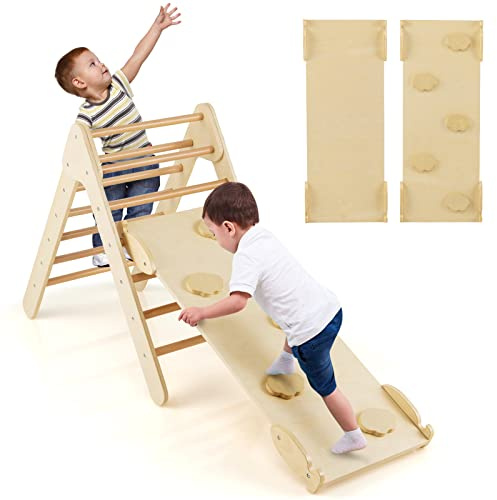 RELAX4LIFE 3 in 1 Triangolo da Arrampicata con Scivolo per Bambini, Arrampicata Montessori in Legno, Triangolo Stabile, Giocattoli Educativi per Bimbi 1+ Anni (Naturale)