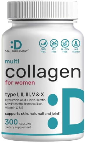 Multi Collagen Pills for Women & Men with Vitamin C, E & Biotin, 300 Capsules – Type I, II, III, V, X Hydrolyzed Collagen Peptides – 11 in 1 Formula with Saw Palmetto, Bamboo Silica, & Hyaluronic Acid