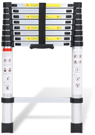 Fiqops Escalera telescópica de Aluminio, Escalera Extensible de 2,6 m, Escalera de Aluminio Antideslizante, Escalera Multiusos Extensible, 150 kg de Capacidad de Carga
