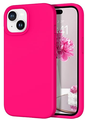 DOMAVER Silicone Liquide Coque iPhone 15, Housses de Protection Antichoc avec Doublure Microfibre, Mat Étui de Téléphone pour iPhone 15 Anti-jaunissement, Rose Fluo