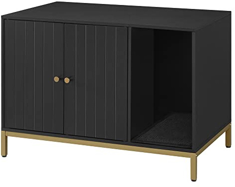 Feandrea Cat Litter Box Enclosure, Hidden Litter Box Furniture with Scratching Mat, Tall Legs, Cat House, Side End Table, 80 x 50 x 55 cm, Black and Gold PCL007B01