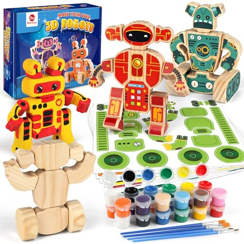 Mocoosy 4 jouets robot en bois Loisirs créatifs pour enfants âgés 4-8 ans, Bricolage à faire soi-même robot artisanat avec peintures et autocollants, peinture activités cadeaux pour enfants âgés 6-12