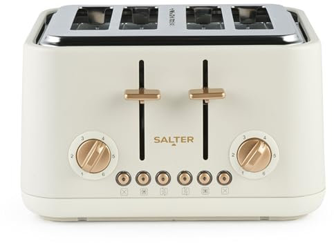 Salter Pebble 4 Slice Toaster – Wide Slot Bread Toaster with High Lift Eject, 6 Browning Levels, Self-Centring Slots, Removable Crumb Tray, Defrost/Reheat/Cancel, Stone