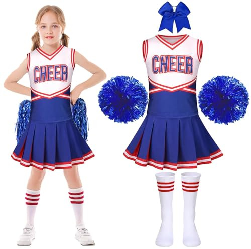 PIXUYE Costume da Cheerleader Vestito Cheerleader Bambina Vestiti Carnevale Bambina con Pon Pon Cheerleader Carnevale o Evento Sportivo Fancy Dress Up per Bambini