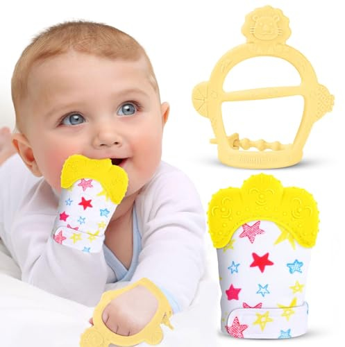 2pcs Baby Teething Set with Mitten, Chew Toy and Gel - Self-Soothing Glove to Prevent Finger Sucking for Boys and Girls - Yellow