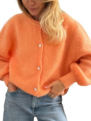 Cardigan court en tricot pour femme, manches longues, col rond, boutonné, cardigan uni, haut court décontracté en tricot, S