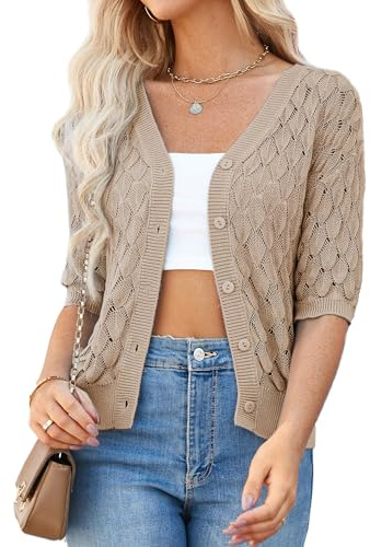 GRACE KARIN Women's Lightweight Crochet Cardigan Button Down, V-Neck Short Sleeve Summer Cardigans for Women UK, Ladies Knitted Cropped Bolero Cardigans Khaki L