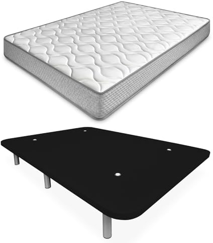 amuéblate Online - Cama Completa con Colchón Carla Reversible + Base Tapizada Extra Reforzada con 6 Patas Cilíndricas Metálicas Roscadas, 135 x 190, Negro
