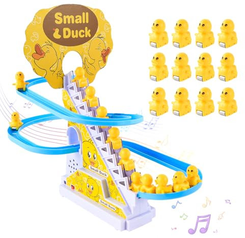 OCCOUMR Canard électrique Jouet à Monter Les escaliers, Canard électrique à Grimper Les escaliers et Ensemble de Toboggan, Montagnes Russes avec lumières Clignotantes et Musique on/Off