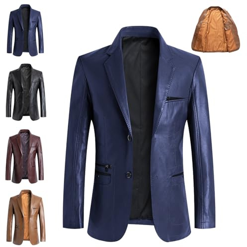 WINDEHAO Blazer de cuero para hombre, piel de cordero real, casual, con solapa, 2 botones, chaqueta delgada para motociclista, chaqueta inteligente para motociclista, azul marino, M