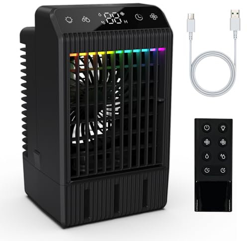 Climatiseur Mobile, 1000ML Climatiseur Portable, Refroidisseur d'air Portable avec Télécommande, USB Rafraichisseur D'air, 2-12H Minuterie, 3 Vitesses, LED 7 Colorées, Maison, Bureau (Noir)