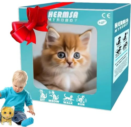 Mi Gato Robot Realista, Gato Robot Que actúa como Gatos Reales, Juguete de Animal robótico Relleno Interactivo, Linda Mascota electrónica Puede Caminar y ladrar para Adultos niños A