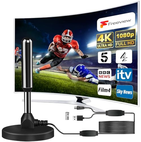 Indoor TV Aerial 500KM Range, 360° Signal Reception, Freeview HD Aerial for Smart TV, Plug & Play Setup, Strong Signal Booster, No Monthly Fees – Indoor Digital TV Antenna UK