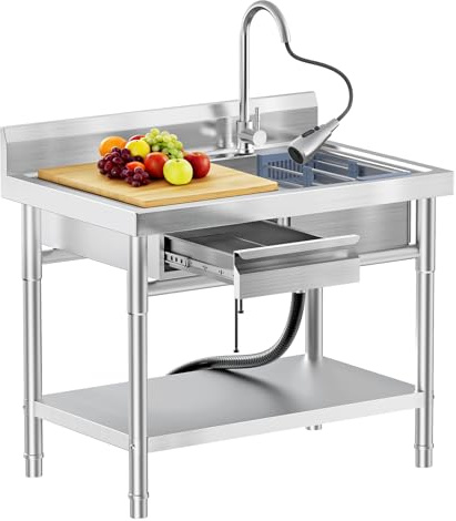 PurezmMoto Utility Sink, Commercial Kitchen Stainless Steel Sink, 39.5'' Free Standing Single Bowl Sink with Drawer & Cold and Hot Water Pipe for Kitchen Laundry Room Farmhouse Indoor and Outdoor