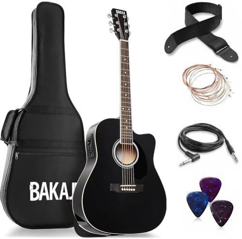 BAKAJI Chitarra Elettro-Acustica 41 Pollici con Custodia, Kit Ricambio Corde, Plettri, Cavo per Amplificatore e Tracolla, Chitarra Folk Forma Cutaway per Adulti e Principianti (Nero)