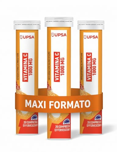 UPSA Vitamina C 1000 mg, 60 Compresse Effervescenti, Integratore Alimentare per Difese Immunitarie e Stanchezza, Gusto Arancia, Supporto Energia, Per Adulti, 3 Confezioni
