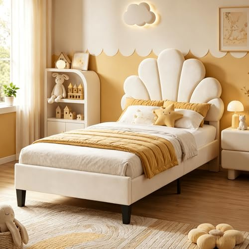 Lit Enfant 90x200 cm, Lit Simple Rembourré avec Tête de Lit en Forme de Fleur, Design Pétales en Velours Beige, Hauteur Réglable, Cadre de Lit avec Sommier à Lattes pour Adolescent et Adulte