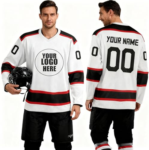 Maillot de Hockey sur Glace personnalisé avec nom, numéro et Logo d’équipe – Haut à Manches Longues pour Homme,ado et Famille,Tenue de Hockey Glace sur Mesure pour garçons, Adultes Cadeau (Noir)