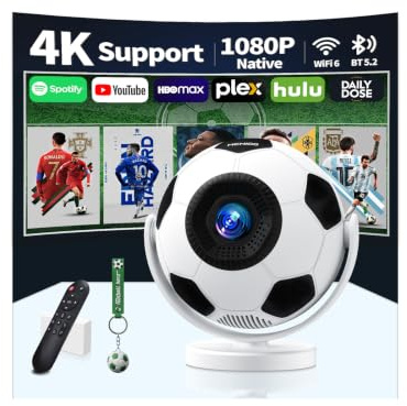 [Built-in Apps & 2026 Football Projecteur] Mini Projecteur 4K 1280P with WiFi 6 and Bluetooth 5.4 Auto Keystone 360° Rotatable Videoprojecteur Portable Compatibile with HDMI/TV Stick - White