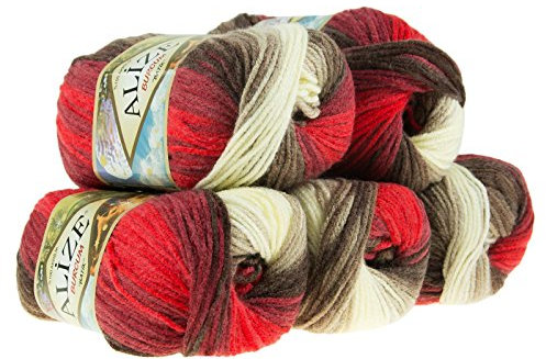 500g Strick-Garn ALIZE BURCUM Batik Strick-Wolle Handstrickgarn, Farbe wählbar, Farbe:4574 rot-braun-creme