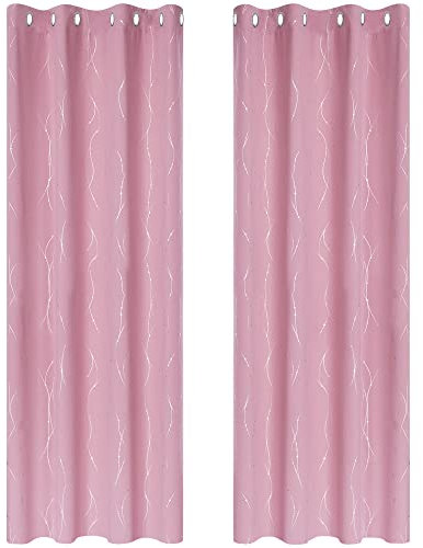 Deconovo Set of 2 Thermal Insulated Blackout Curtains for Children's Bedroom, Living Room, Pink with Eyelets, Point-Lines Printed Silver, 140 x 245 cm
