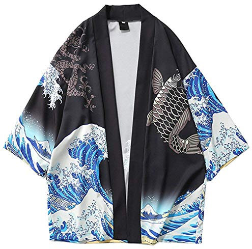 Siehin Herren Japan Happi Kimono Haori Cardigan Frühling-Sommer Jacke (L (Label:2XL), Schwarz)