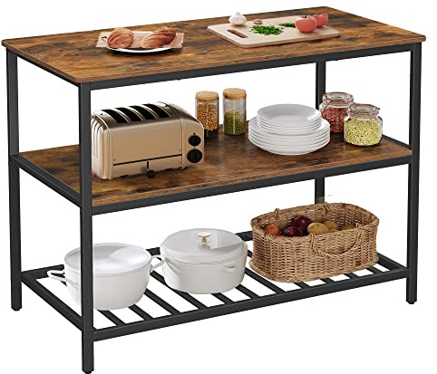 VASAGLE Kitchen Island with 3 Shelves, 47.2 Inches Width Kitchen Shelf with Large Worktop, Stable Steel Structure, Industrial, Easy to Assemble, Rustic Brown and Black UKKI01BX