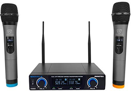 Rockville RWM72U Dual UHF Wireless Handheld Microphone System, 200 Channels, Digital Display, Long Range, for Karaoke and Live Performances