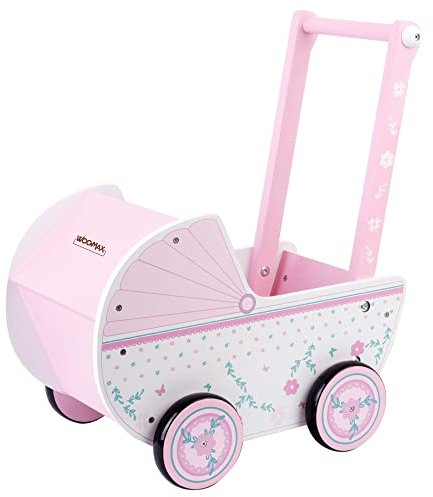 WOOMAX Holz, 26,5 x 39 x 46 cm, weiß, mit Rollen, für Puppen von 30 – 40, Babyspielzeug 3 Jahre, Puppenwagen (46475), Rosa Warenkorb