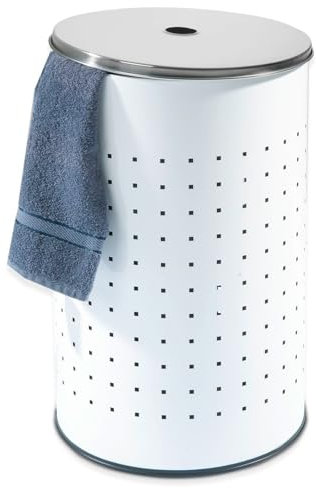 Home4You Wäschekorb mit Deckel und Luftlöchern - Edelstahl - Weiß - 54 L - Ø 35,5 cm - 57,5 cm hoch - Wäschetonne Wäschesammler Wäschebox Wäschetruhe