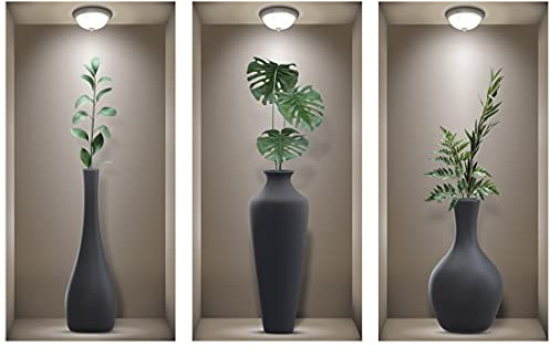 TOARTi 3D Wall Stickers Living Room, Art Stickers, Realistic Window View Scenery Sticker, Vase Decal, Plant for Bedrooms Bathroom Kitchen Decor(Set of 3,8''X16''), Green & Black