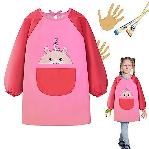 Aohcae Malschürze Kinder, Malkittel Kinder Wasserdicht schürze kinder schule für 7-10 Jahre Mädchen/Junge Schule Kunst Malerei, Kochen, Essen,Laboraktivität(Rosa)
