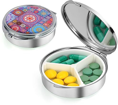 ACWOO Portapillole con 3 scomparti, portatile, con specchio, per vitamine, olio di fegato di merluzzo, integratori e farmaci, per viaggi e lavoro