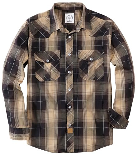Dubinik Pearl Snap Shirts för män - Långärmad Western Vintage Rutiga tröjor, Kaki brun, XL