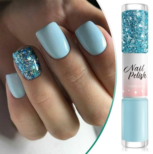 Glitter Nail Polish - Flash Shiny Blue Nail Varnish, Double-head No UV Lamp, Quick Drying Long Lasting Nail Polish for DIY Nail Art Manicure (Flash Blue+Light Blue, 10ML)